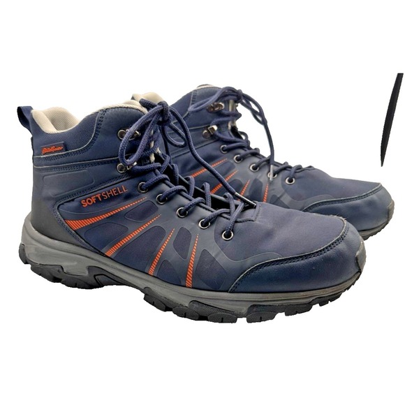 Eddie Bauer Hiking Boots Size 10.5 M soft shell navy blue and orange - Picture 1 of 6